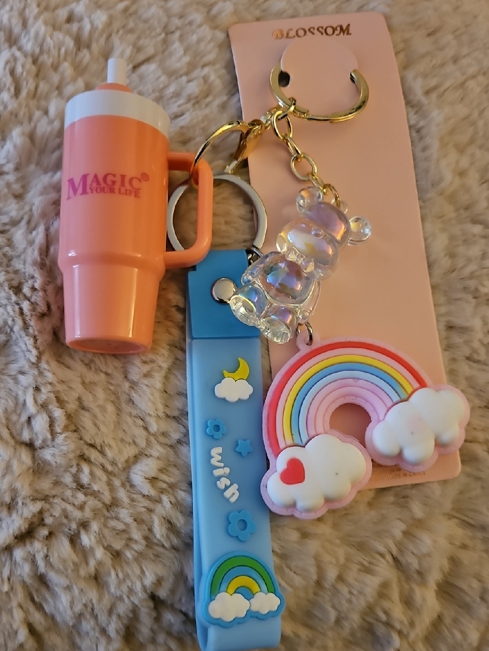 Pastel Rainbow & Blue Silicone Charm Keychain Set With Lip Balm In Cup.💄🎀🩷